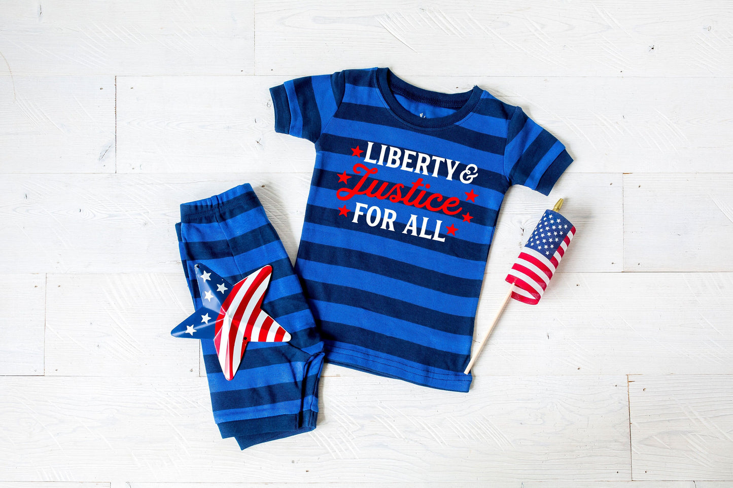 Liberty and Justice for All Blue Striped Shorts Toddler and Kids Pajamas - Kids 4th of July Pajamas - 4th of July Toddler Pajamas Set