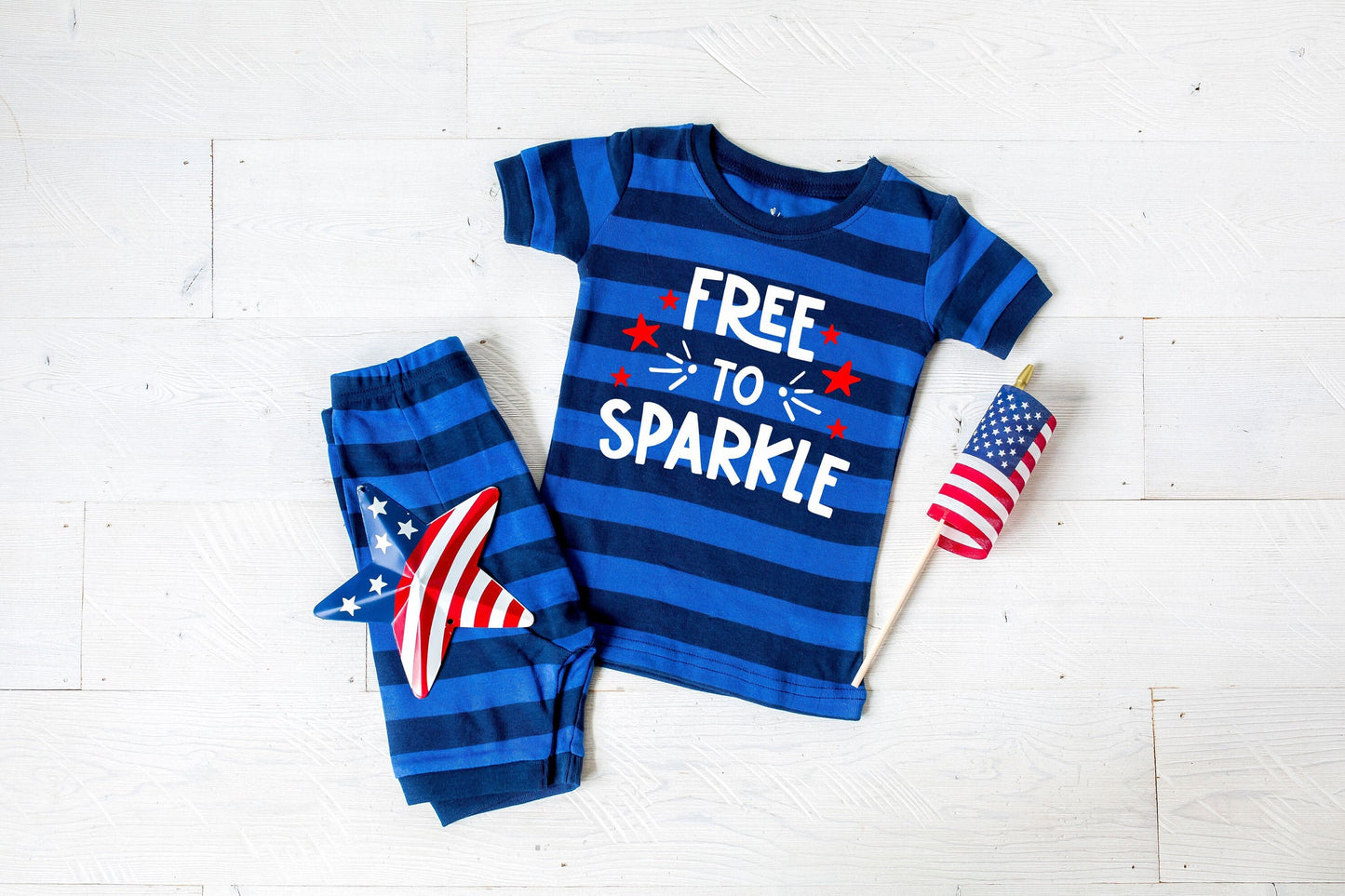 Free to Sparkle v1 Toddler Blue Striped Shorts Toddler and Kids Pajamas - Kids 4th of July Pajamas - 4th of July Toddler Pajamas Set