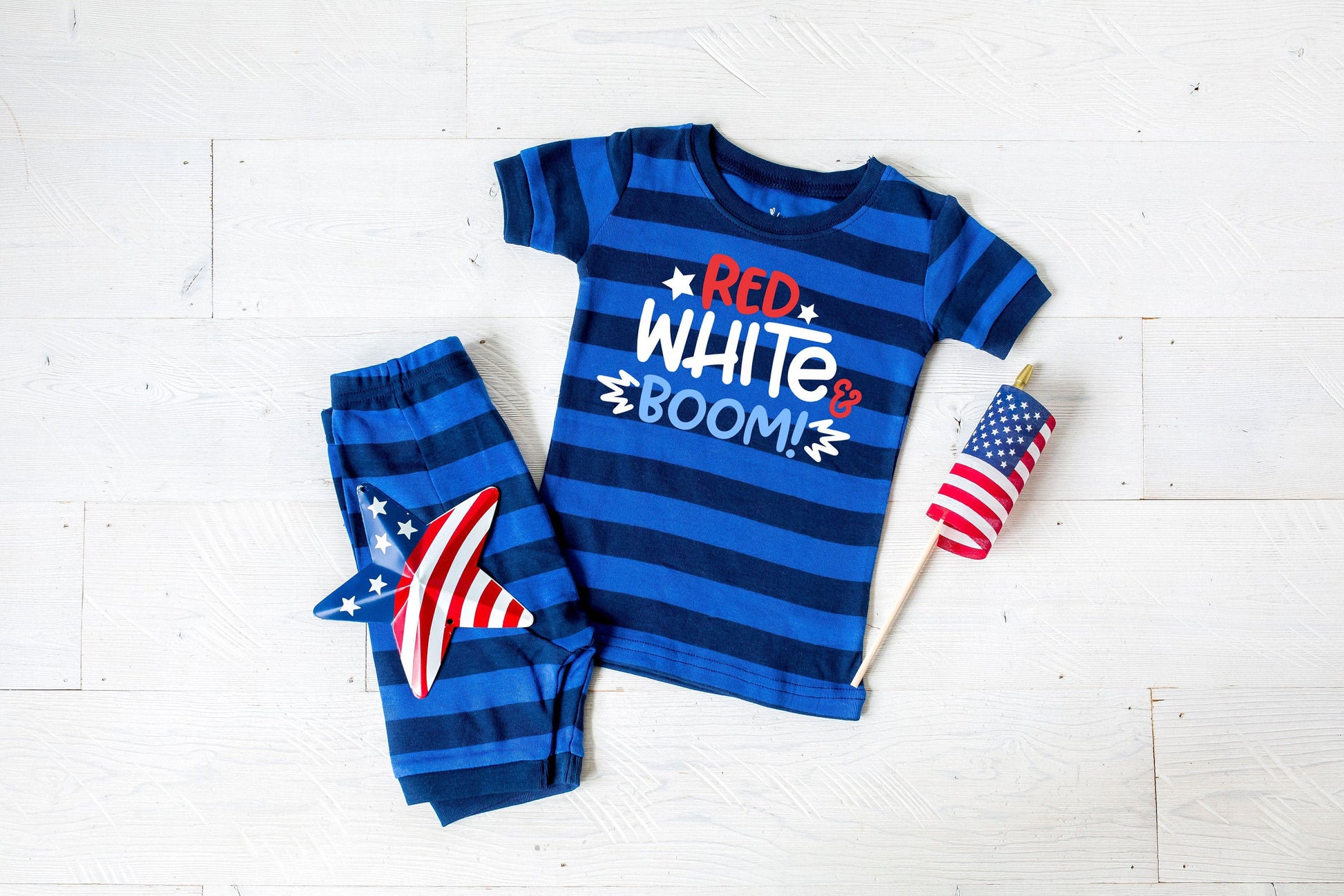 Red White and Boom Toddler Blue Striped Shorts Toddler and Kids Pajamas - Kids 4th of July Pajamas - 4th of July Toddler Pajamas Set