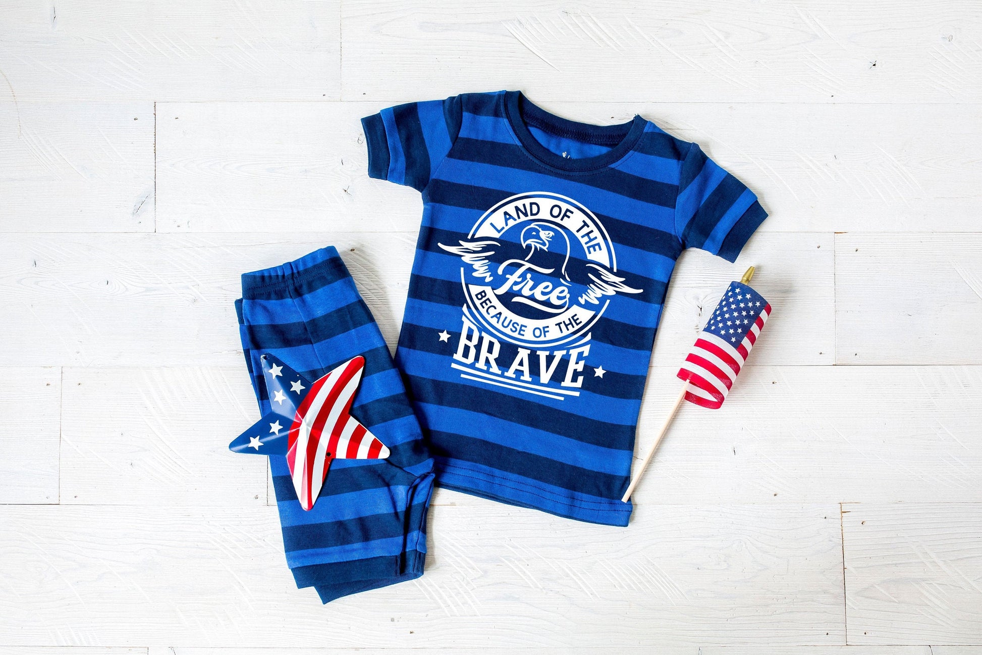 Land of the Free Because of the Brave Toddler Blue Striped Shorts Toddler and Kids Pajamas - Kids 4th of July Pajamas - Support our troops