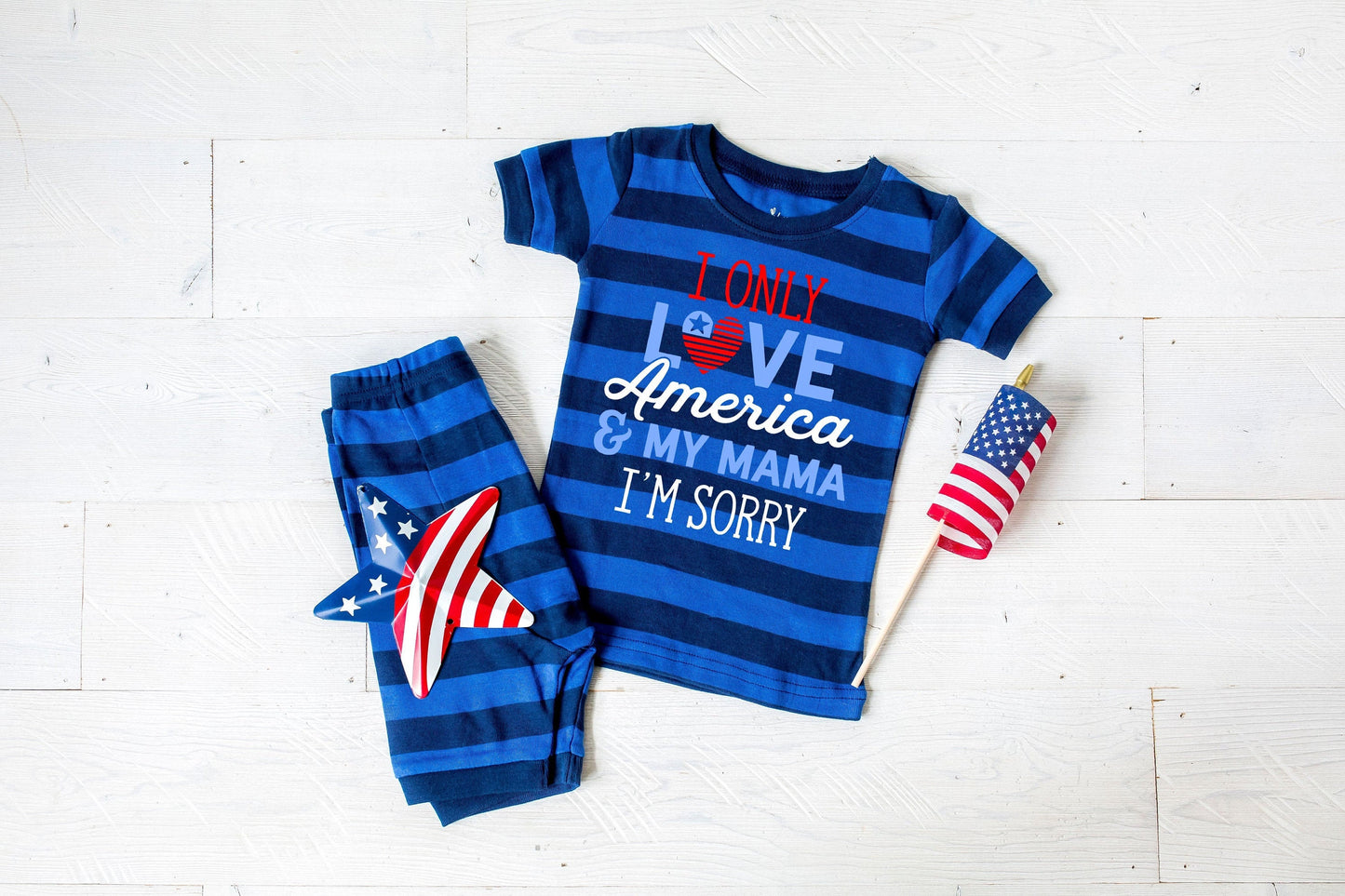 I Only Love America and My Mama I'm Sorry Blue Striped Shorts Toddler Pajamas - Kids 4th of July Pajamas - 4th of July Toddler Outfit