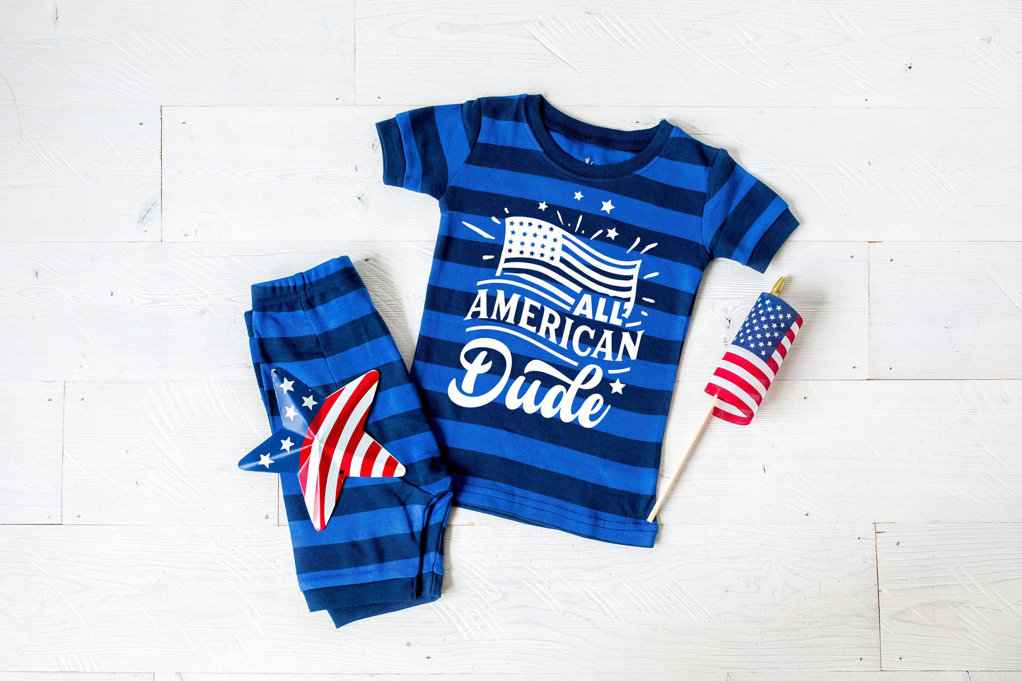 All American Dude Toddler Blue Striped Shorts Toddler and Kids Pajamas - Kids 4th of July Pajamas - Toddler Boy Pajamas - Gift for Grandson