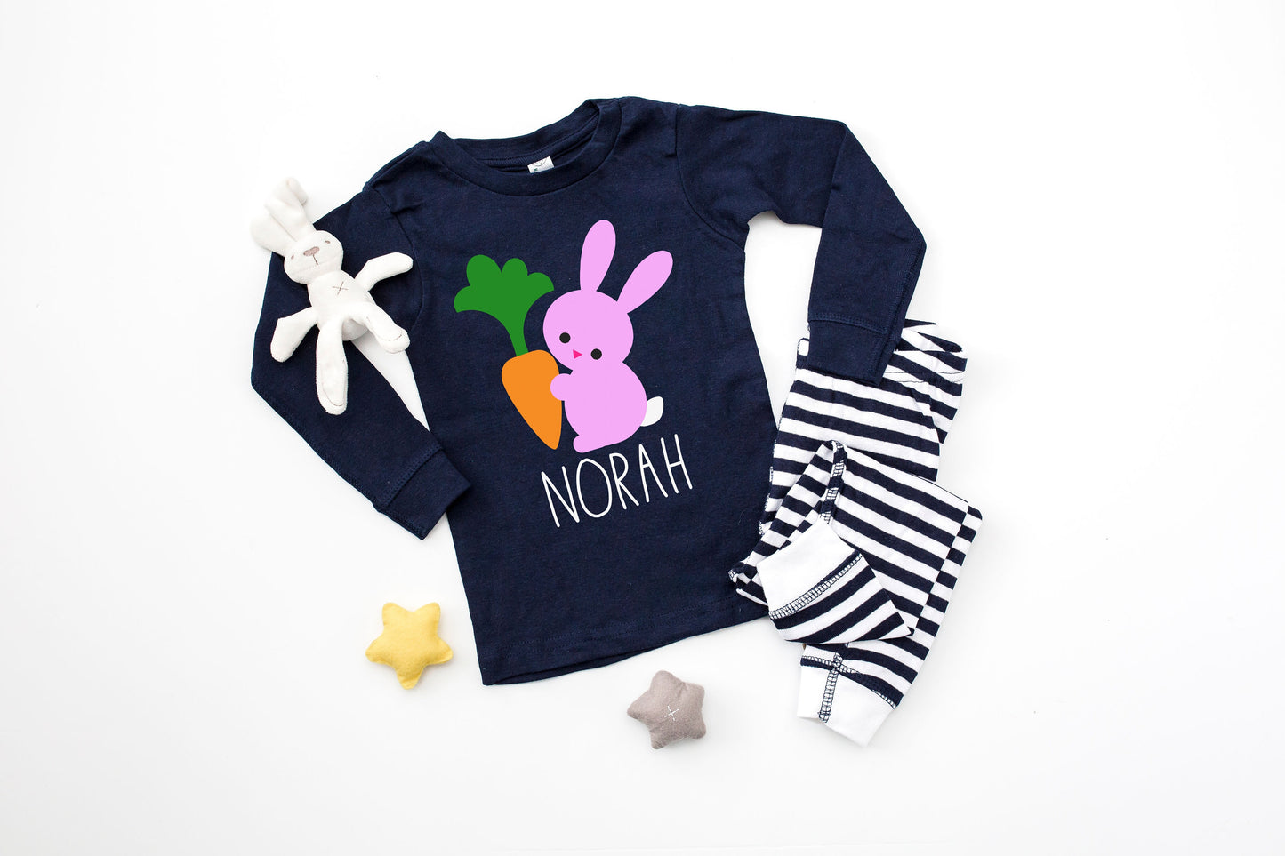 Personalized Easter Bunny with Carrot Navy Striped Baby, Toddler or Kids Easter Pajamas - toddler easter pjs - baby easter pjs - boys pjs