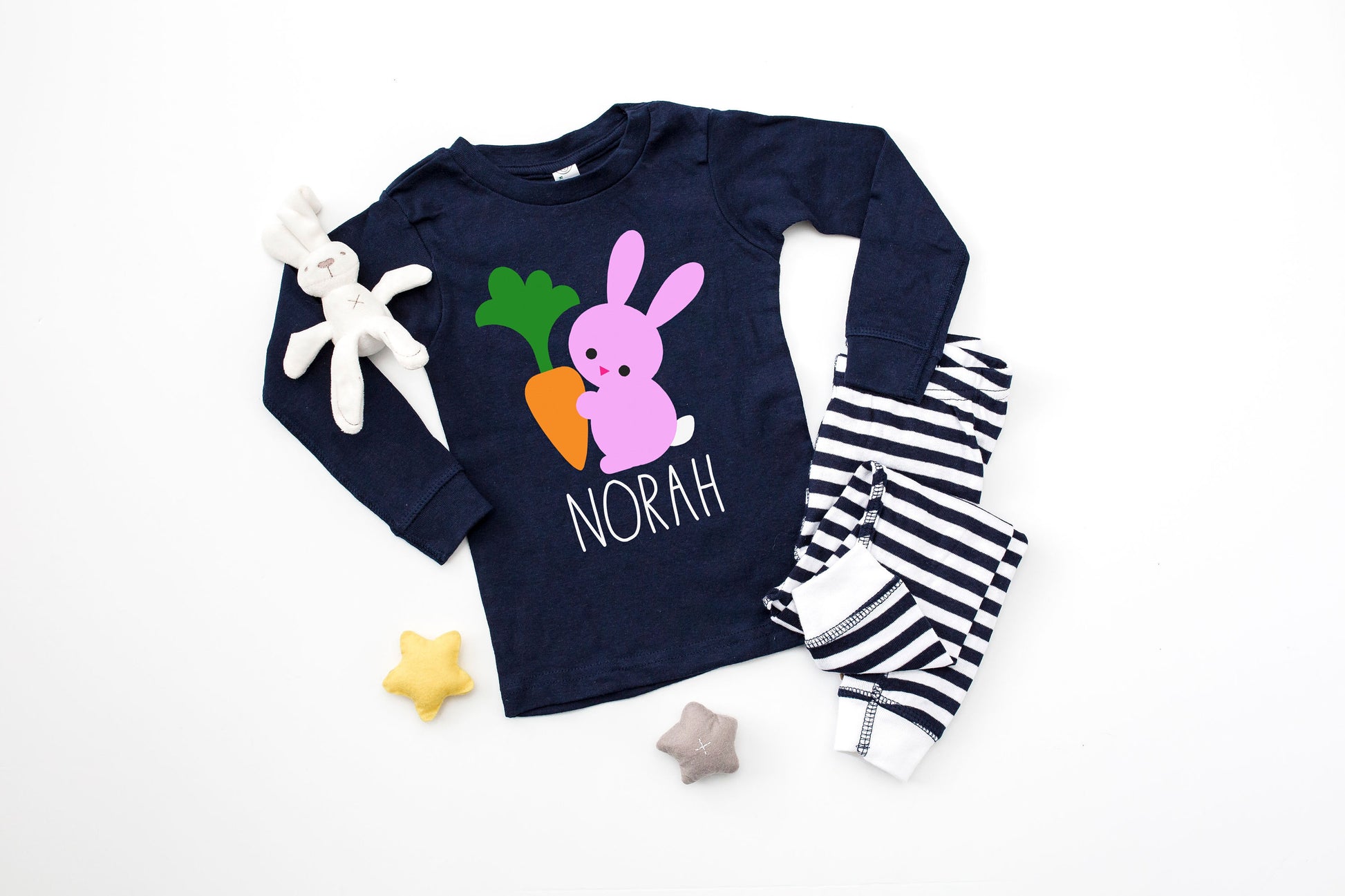 Personalized Easter Bunny with Carrot Navy Striped Baby, Toddler or Kids Easter Pajamas - toddler easter pjs - baby easter pjs - boys pjs
