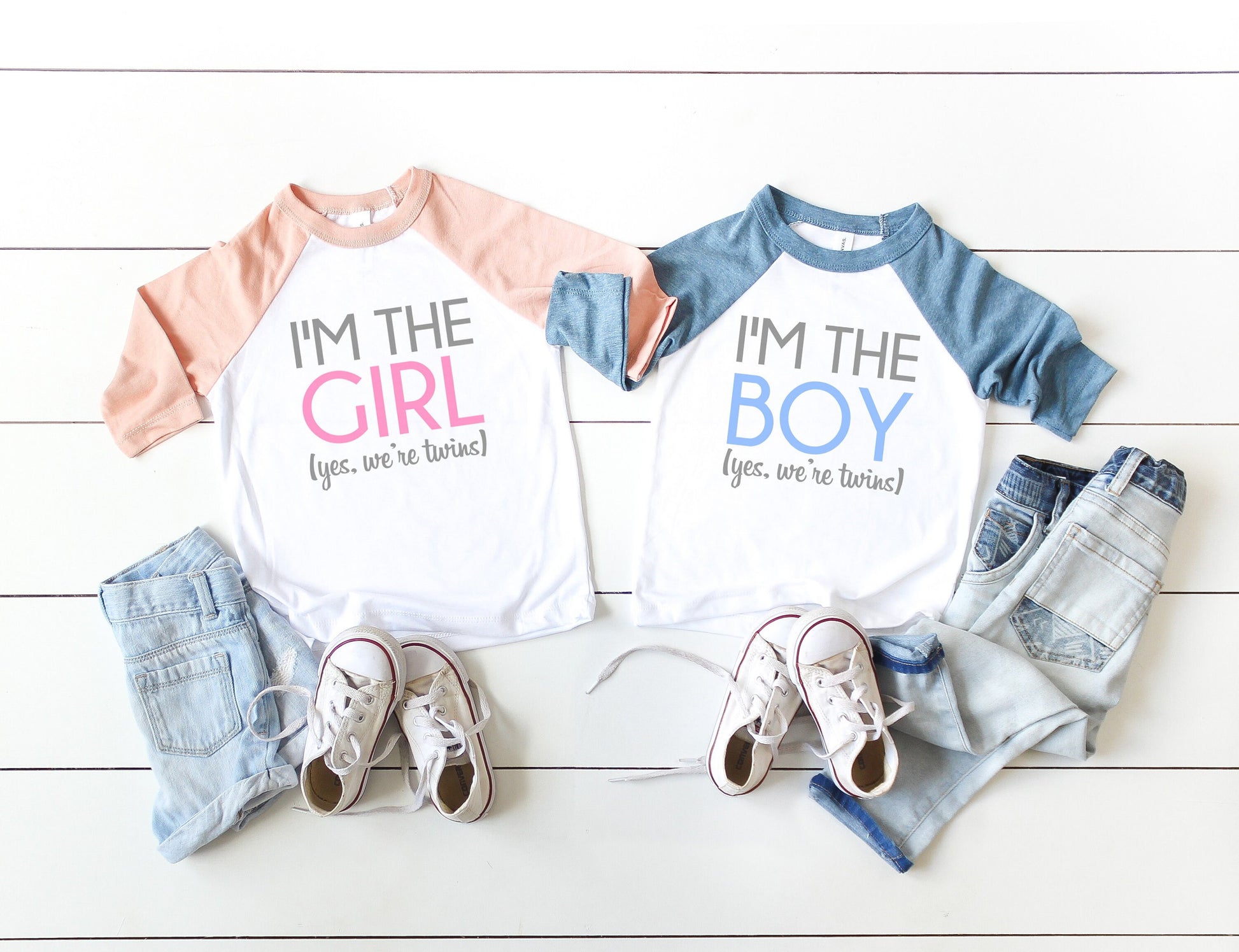 Boy Girl Twins Toddler or Kids Bella + Canvas Raglan Tee - shirts for twins - fraternal twins - gift for boy girl twins - twin toddlers