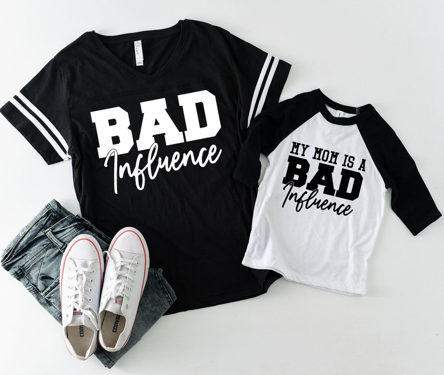 Bad Influence and My Mom is a Bad Influence Football and Baseball Raglan t-shirts - Mommy and Me shirts - Mommy and Son Matching Shirts