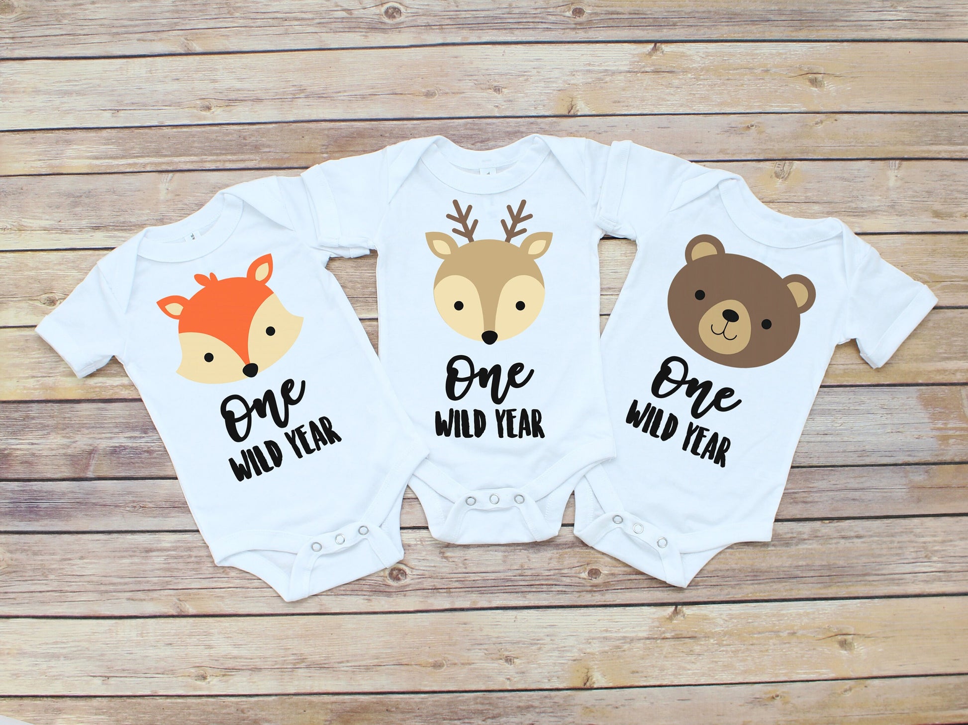 One Wild Year Infant Bodysuits or Shirts for Triplets - triplet first birthday - forest animals theme - woodland animals theme - wild one
