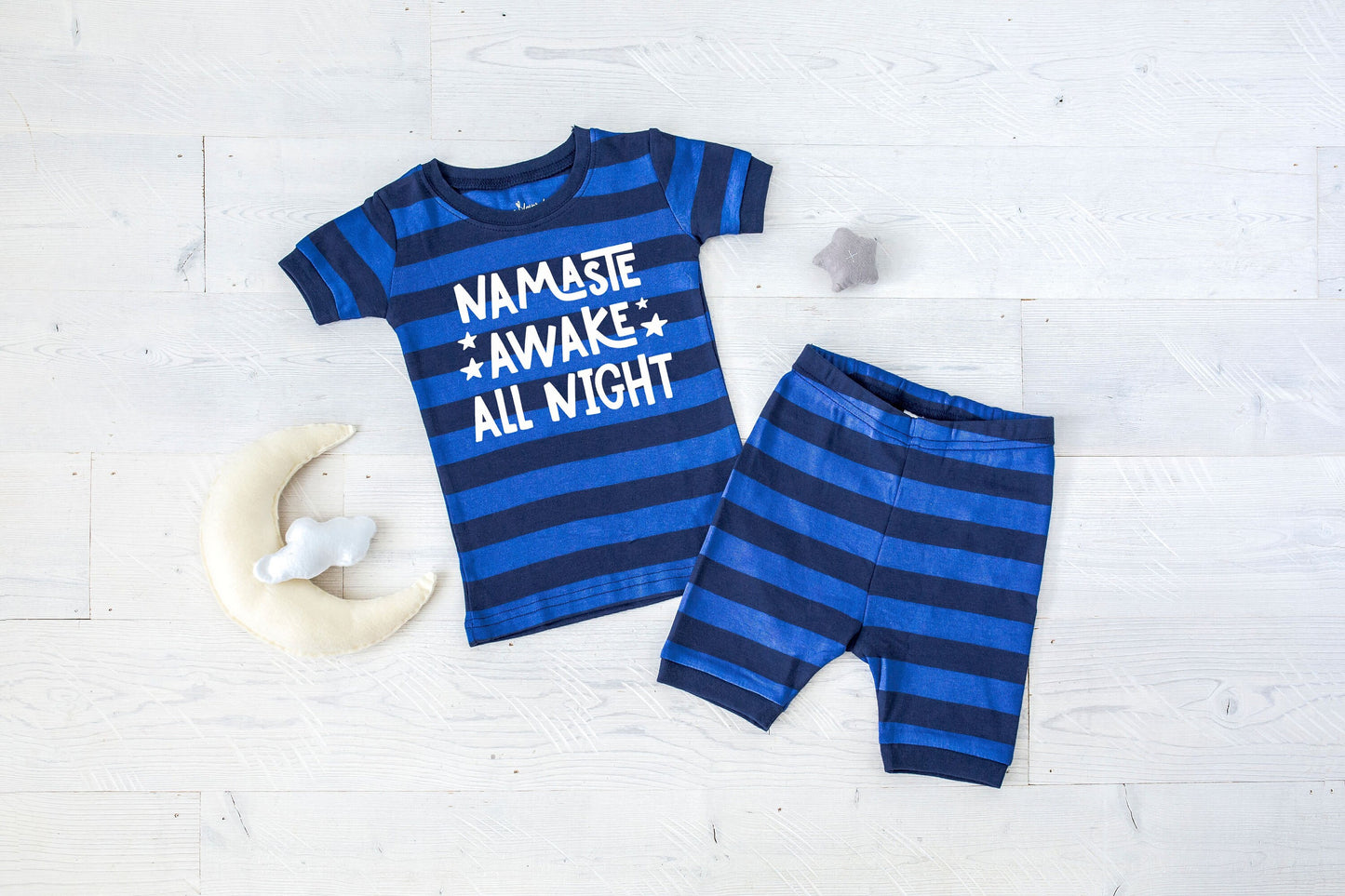 Namaste Awake All Night Blue Striped Shorts Toddler Pajamas - Boys Pajamas - Sleepover Pajamas - Toddler Boy Summer Pajamas - Funny Boys PJs