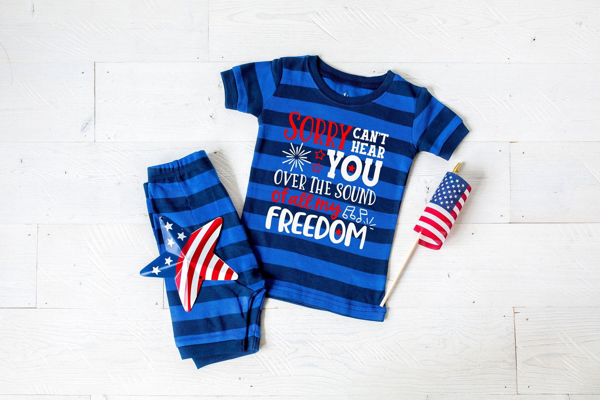 Sorry I Can't Hear You over the sound of all my Freedom Blue Striped Shorts Toddler and Youth Pajamas - Kids 4th of July Pajamas
