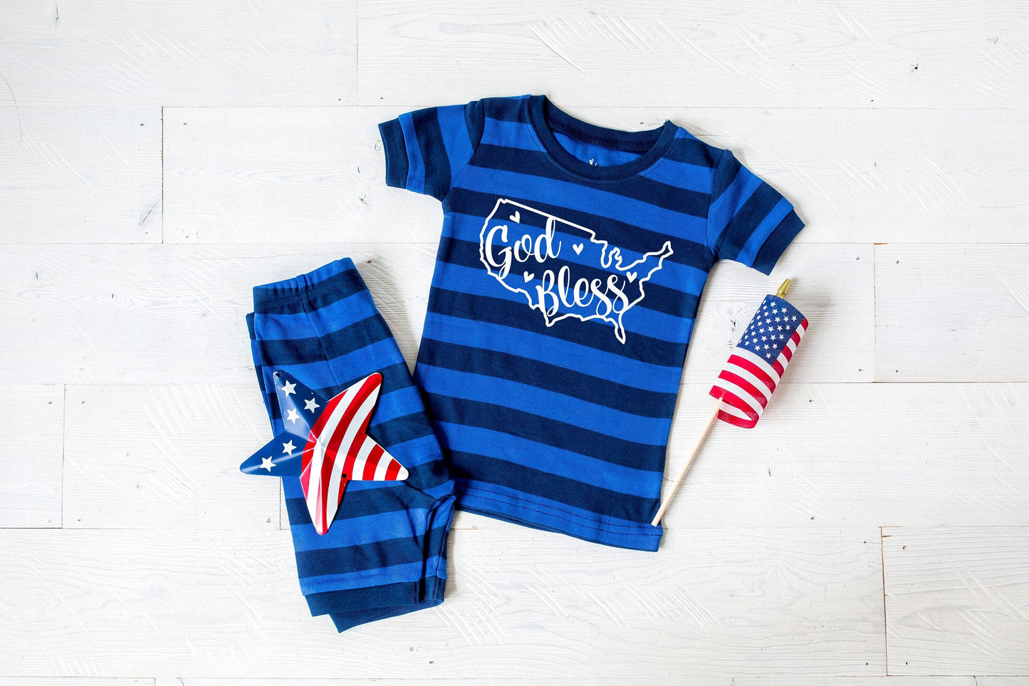 God Bless America Blue Striped Shorts Toddler and Kids Pajamas - Kids 4th of July Pajamas - 4th of July Toddler Pajamas Set