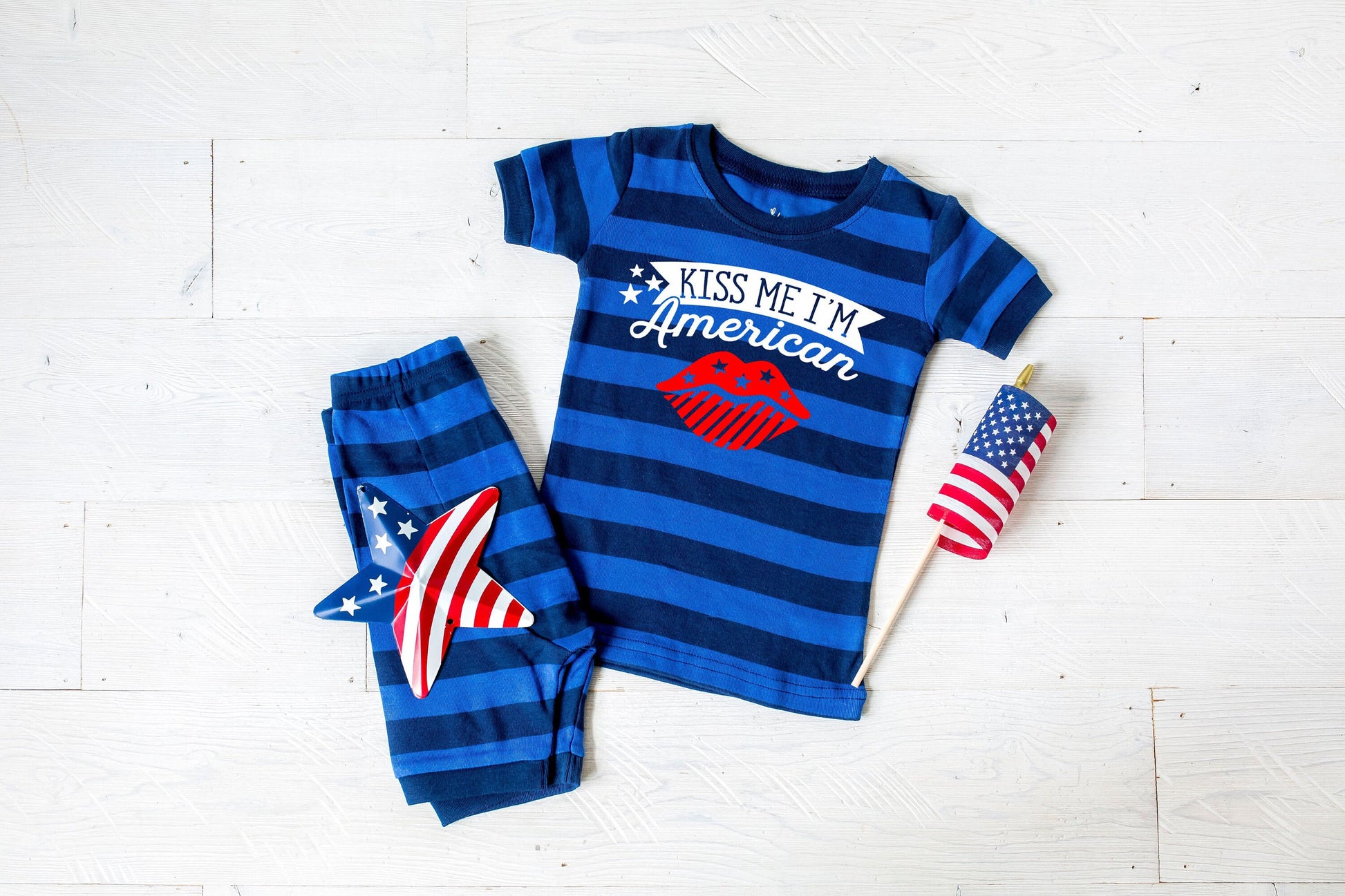 Kiss Me I'm American Blue Striped Shorts Toddler and Kids Pajamas - 4th of July Pajamas - 4th of July Toddler Pajamas Set - Girls Pajamas