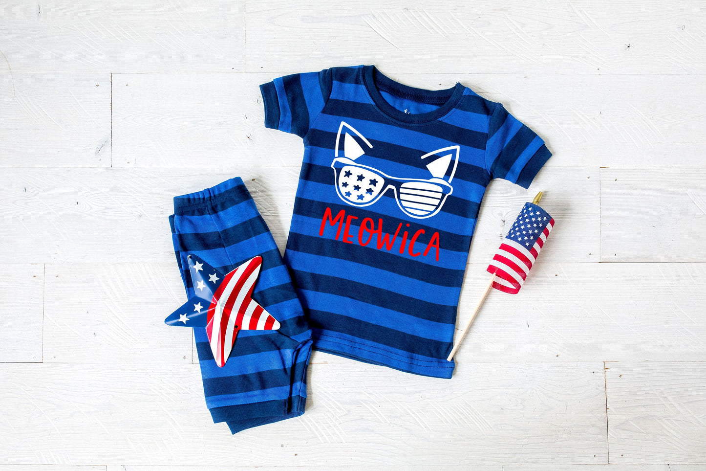 Meowica Blue Striped Shorts Toddler and Kids Pajamas - Kids 4th of July Pajamas - 4th of July Toddler Pajamas Set