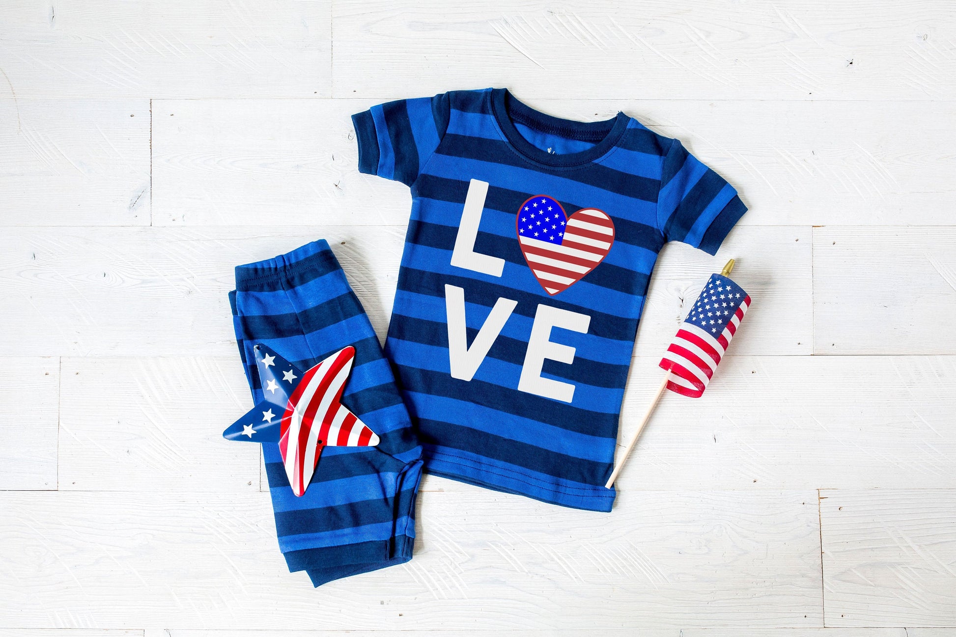 Love Flag Heart Blue Striped Shorts Toddler and Kids Pajamas - Kids 4th of July Pajamas - 4th of July Toddler Pajamas Set