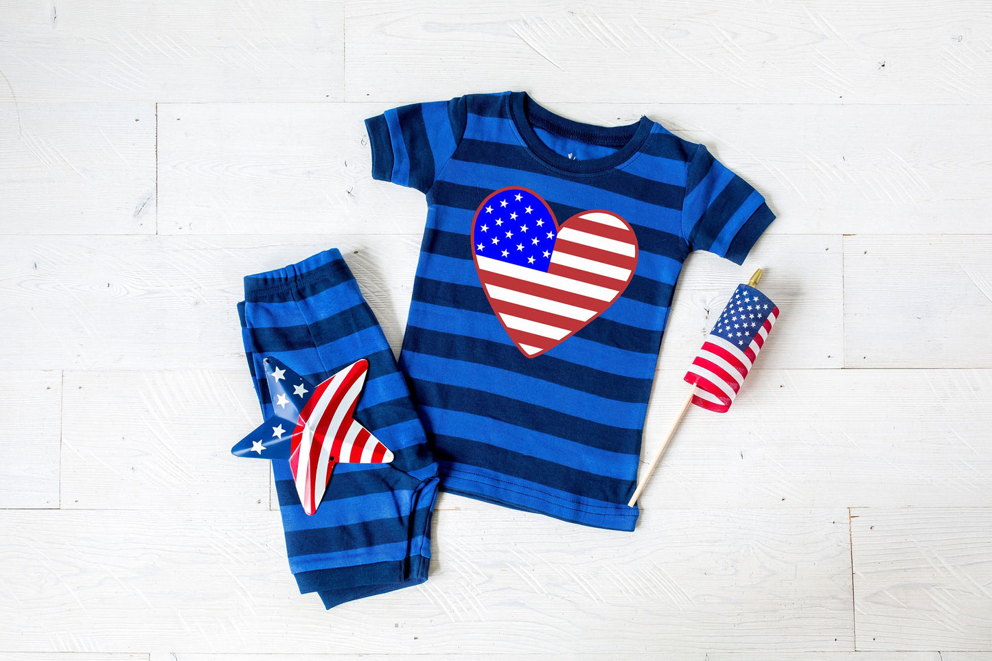 Love Flag Heart v2 Blue Striped Shorts Toddler and Kids Pajamas - Kids 4th of July Pajamas - 4th of July Toddler Pajamas Set