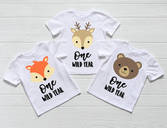One Wild Year Infant Bodysuits or Shirts for Triplets - triplet first birthday - forest animals theme - woodland animals theme - wild one