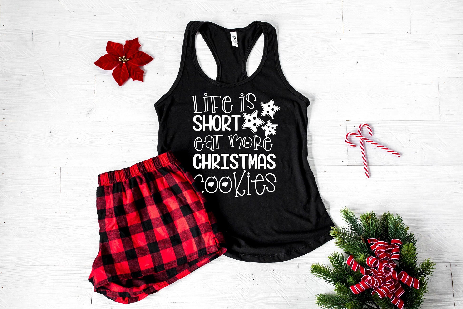 Life is Short Eat More Christmas Cookies Women's Christmas Pajamas - women's christmas jammies - buffalo plaid flannel pajamas