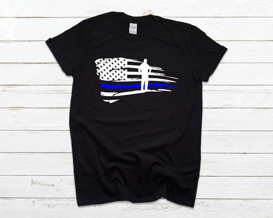 Blue Line American Flag with Officer unisex t-shirt - Police Support - Blue Lives Matter - Thin Blue Line Shirt - Police Lives Matter