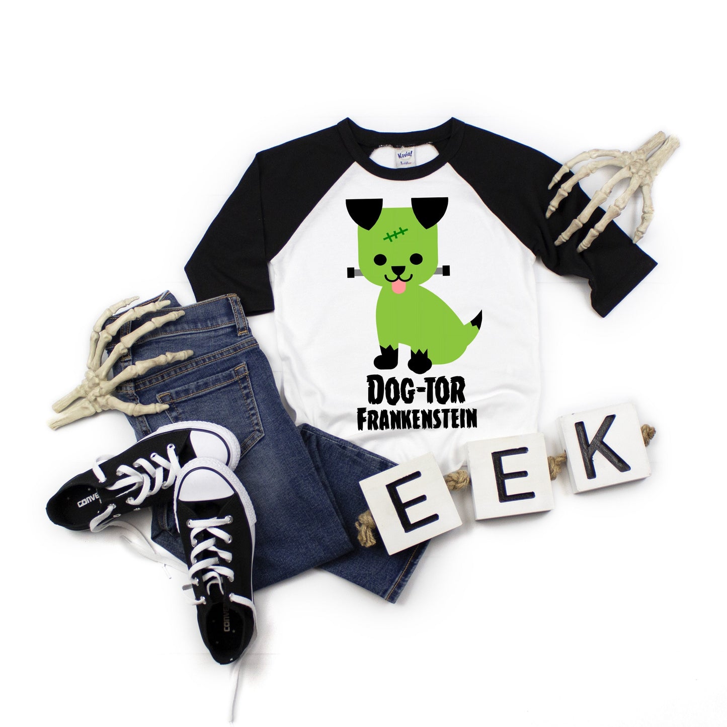 Dog-tor Frankenstein Infant, Toddler or Kids Halloween Raglan Tee - boys halloween shirt - boys frankenstein shirt - kids fall shirt