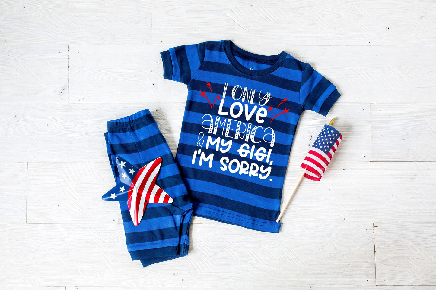 I Only Love America and My Gigi I'm Sorry Blue Striped Shorts Toddler and Kids Pajamas - Kids 4th of July Pajamas - 4th of July Pajamas Set
