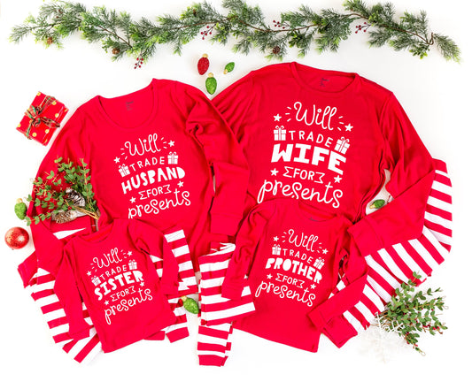 Will Trade Family for Presents Christmas Pajamas - matching christmas pjs -  women's christmas jammies - matching family christmas pajamas