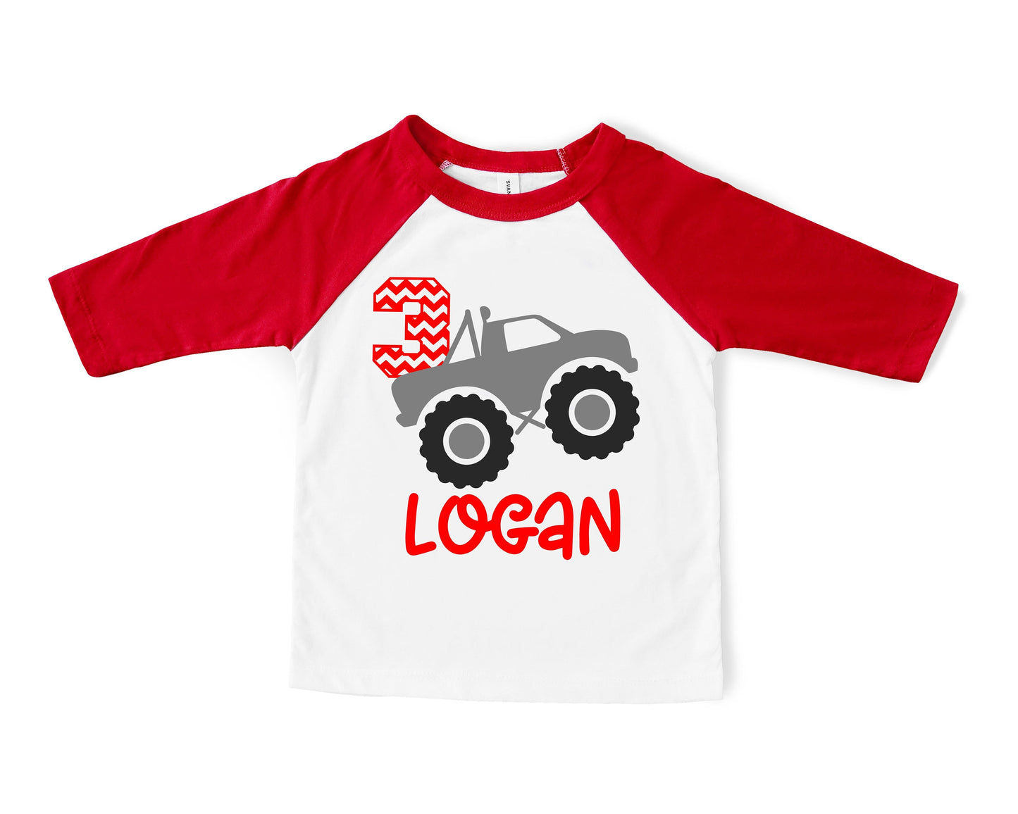 Custom Truck Birthday Kids Raglan Tee - Choose Child's Age - Boys Birthday Shirt - Third Birthday Shirt - Personalized Birthday Shirt
