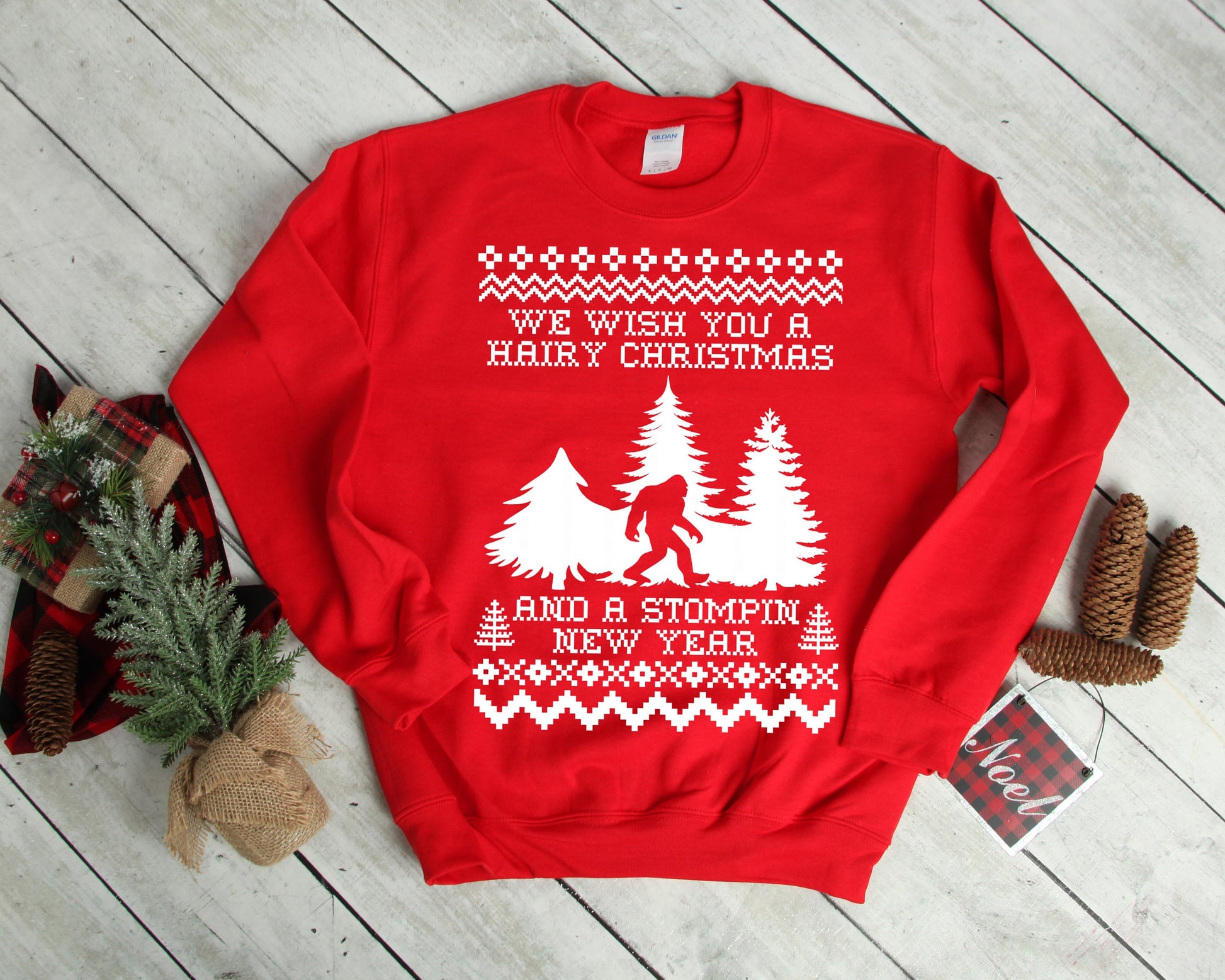 We Wish You a Hairy Christmas Bigfoot Ugly Christmas Sweater Crewneck Fleece Pullover Sweatshirt - Christmas Party - Bigfoot Believer