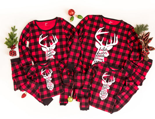 Reindeer Names Buffalo Plaid Family Christmas Pajamas - plaid christmas pjs - women's christmas jammies - matching family christmas pjs