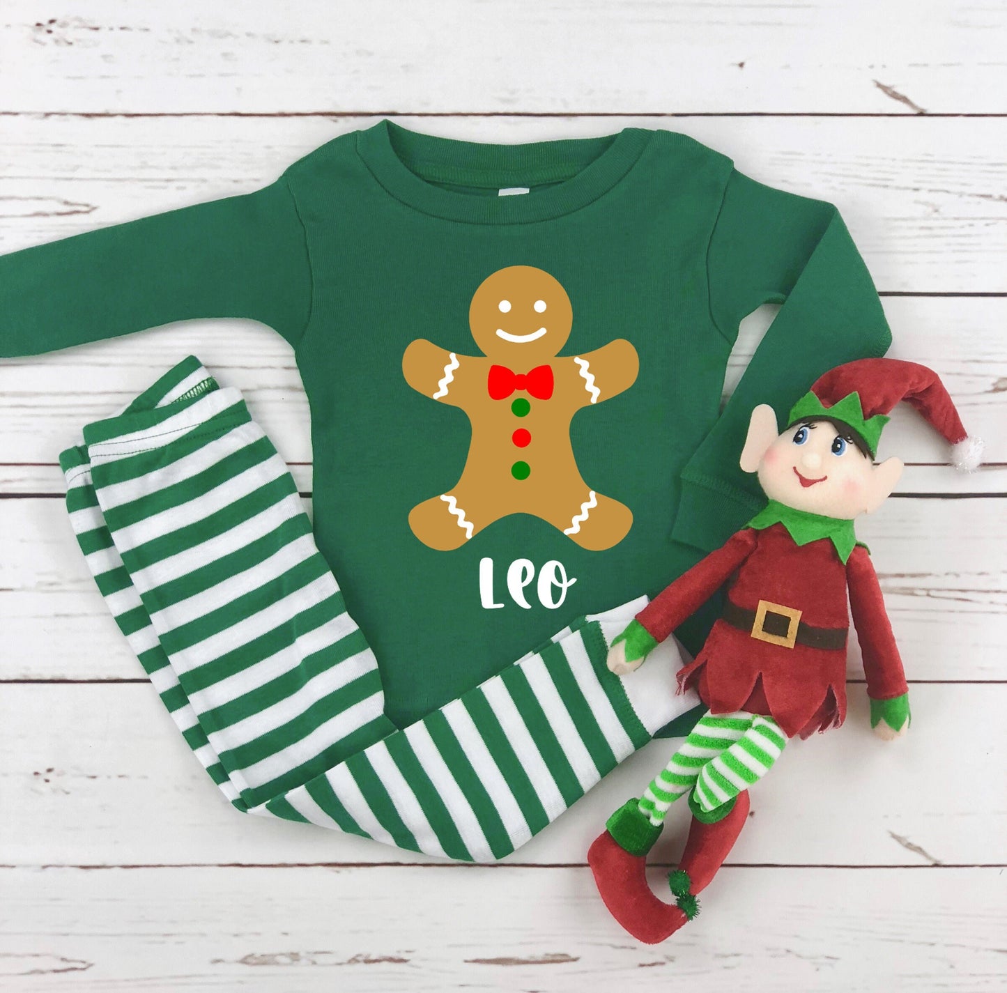 Personalized Gingerbread Green Striped Infant or Kids Christmas Pajamas - kids christmas pjs - baby christmas pjs - matching family pjs