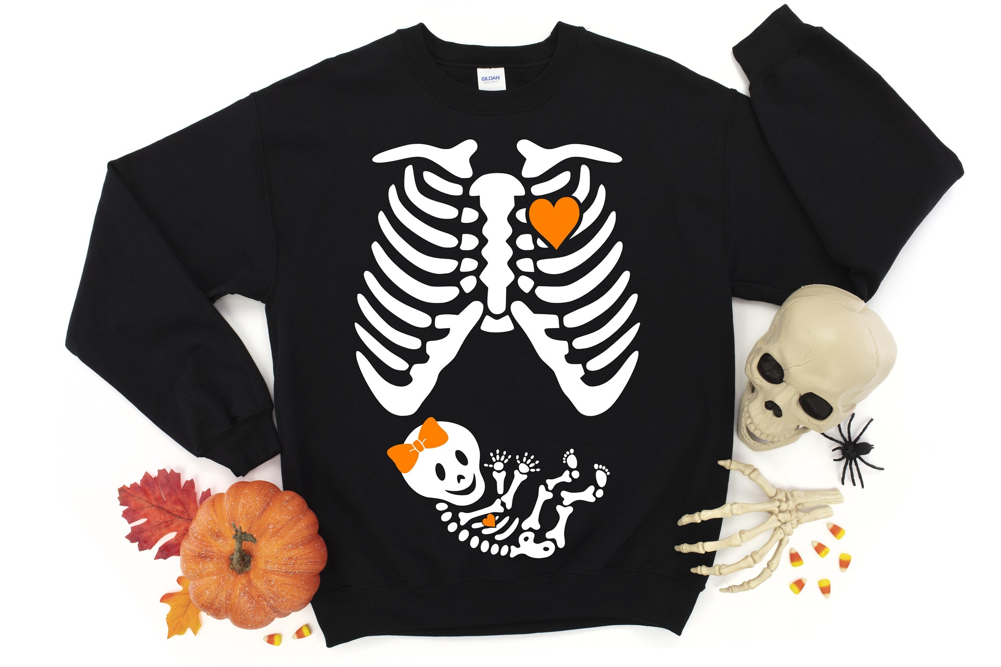 Pregnant Skeleton Women's Crewneck Fleece Pullover Sweatshirt - Halloween Maternity Sweatshirt - Halloween Costume for Pregnant Women