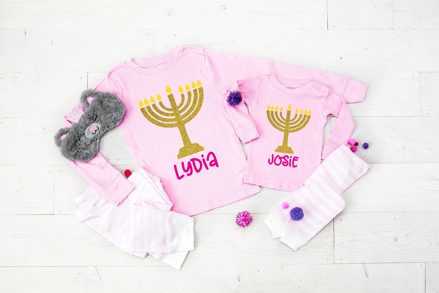 Personalized Menorah Light Pink Baby, Toddler or Kids Hanukkah Pajamas - toddler hanukkah pjs - baby hanukkah pjs - girls hanukkah pjs