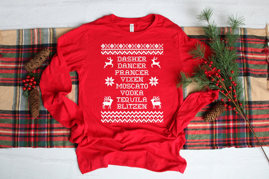 Reindeer Alcohol Ugly Christmas Sweater Women's Crewneck Longsleeved T-Shirt -  Christmas Party Shirt - Christmas Wine Shirt - Funny Xmas