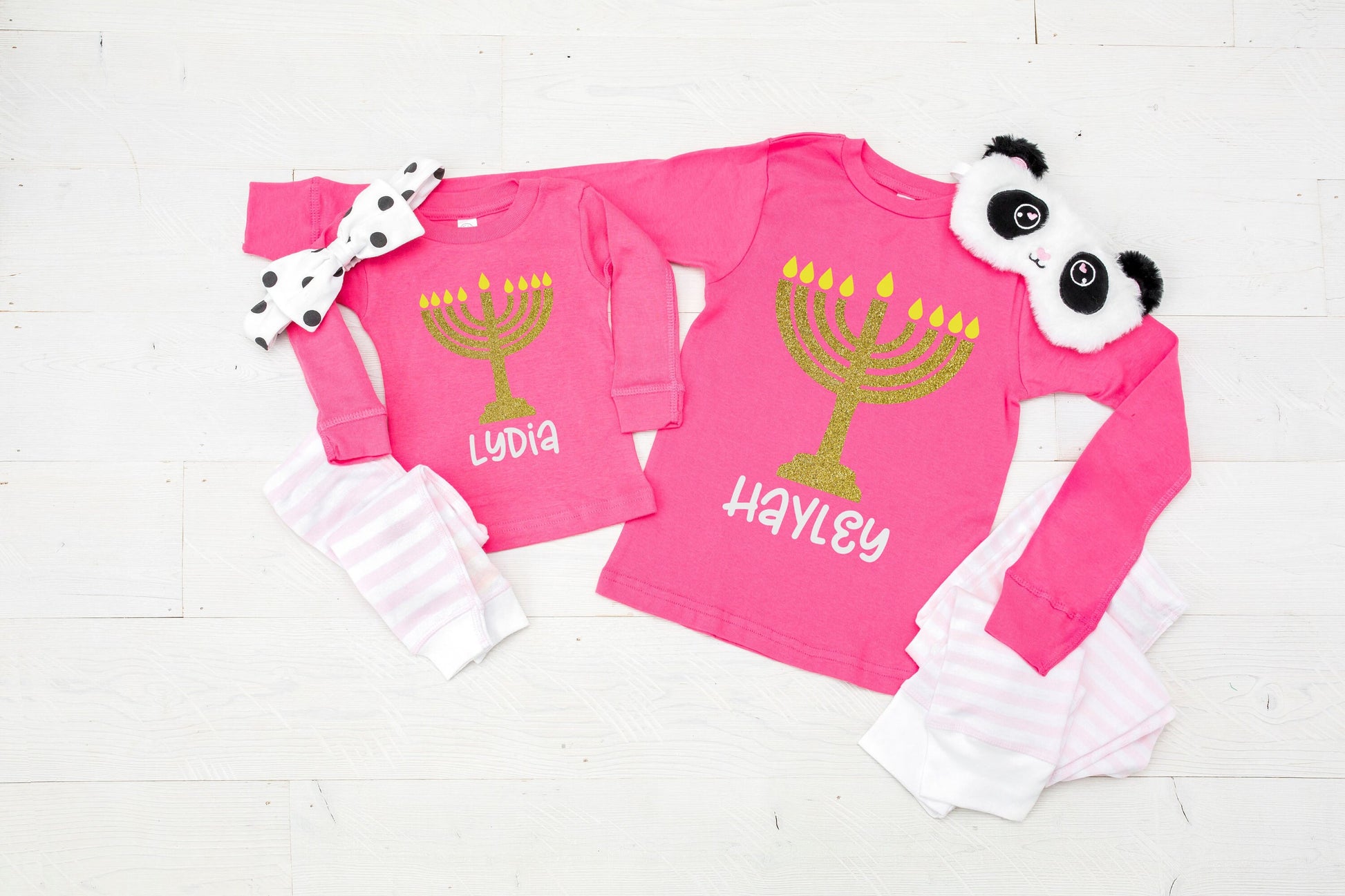 Personalized Menorah Hot Pink Baby, Toddler or Kids Hanukkah Pajamas - toddler hanukkah pjs - baby hanukkah pjs - girls hanukkah pjs