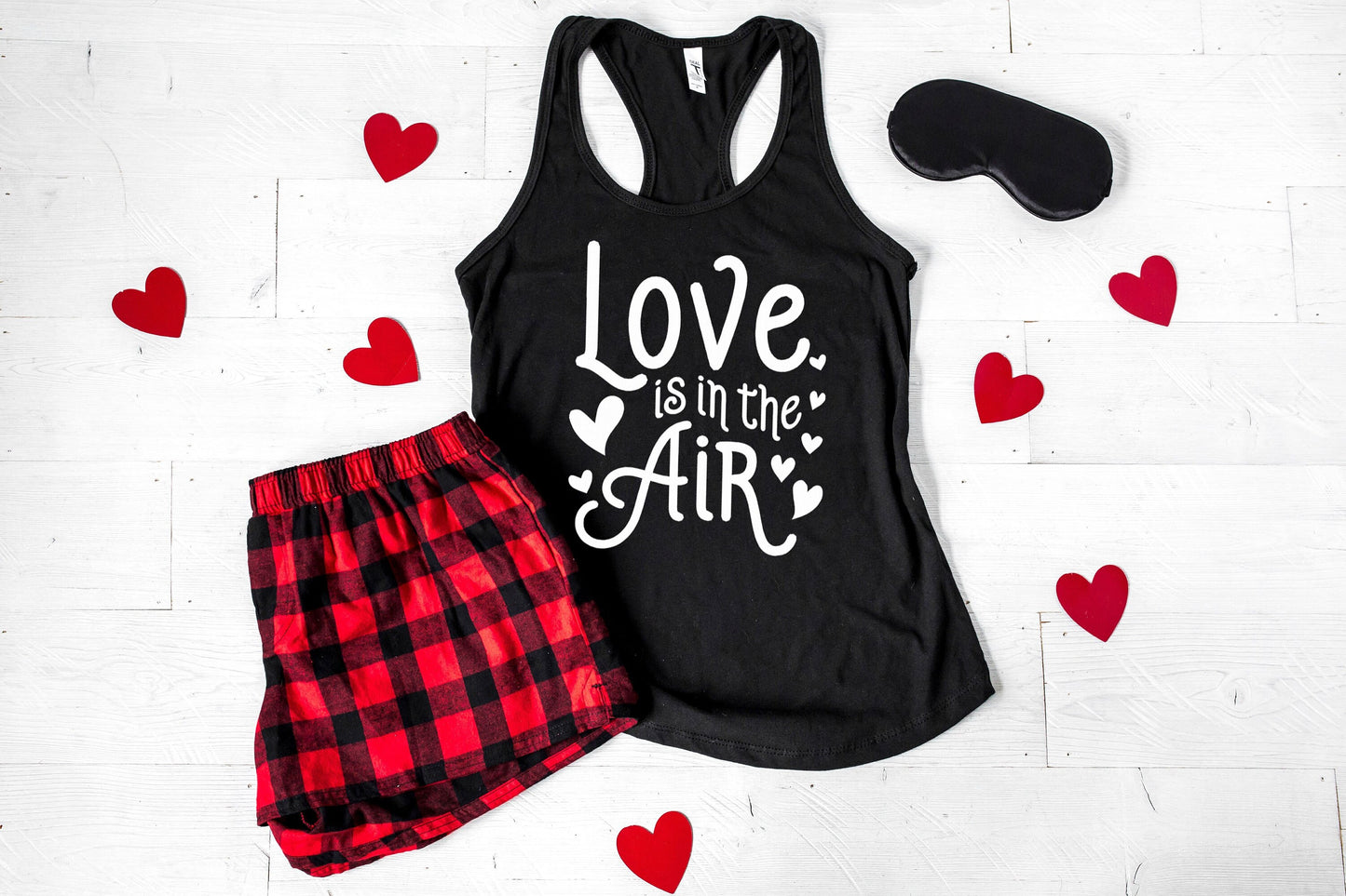 Love is in the Air Women's Valentines Pajamas - women's valentines shorts set - buffalo plaid flannel pajamas - gift for wife