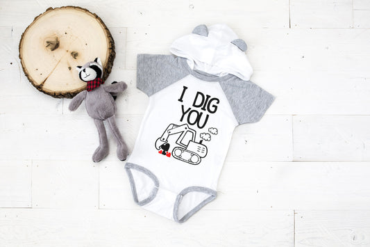I Dig You Valentine's Day Bear Ears Hoodie Infant Bodysuit - baby bear bodysuit - First Valentine's Day - Cute Boys Valentine's Outfit