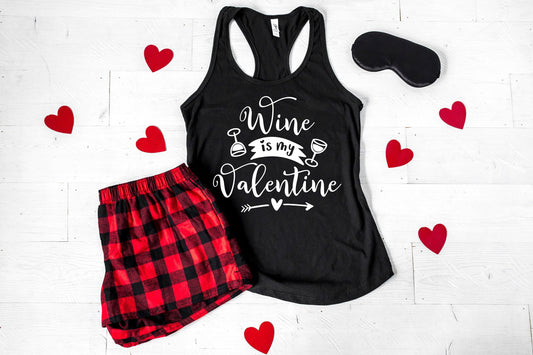 Wine is My Valentine Funny Women's Valentines Pajamas - women's valentines shorts set - buffalo plaid flannel pajamas