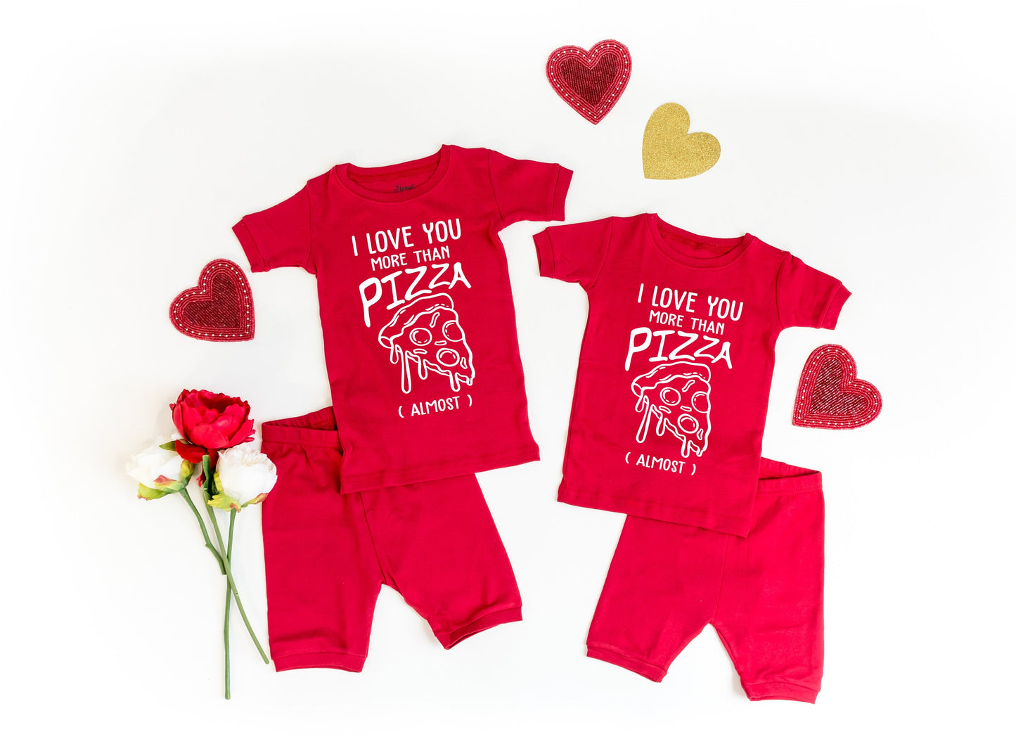 I Love You More Than Pizza Red Shorts Pajamas - toddler girl pjs - womens shorts set - girls valentines pajamas - mommy and me pajamas