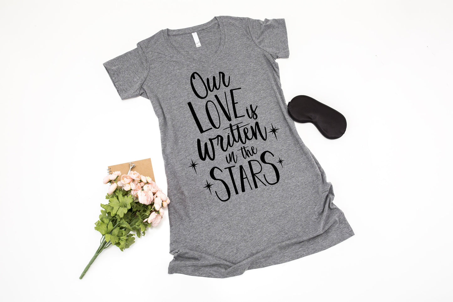 Our Love is Written in the Stars V-neck Night Shirt - nighty - sleep shirt - long night shirt - women's pajamas - lounge shirt