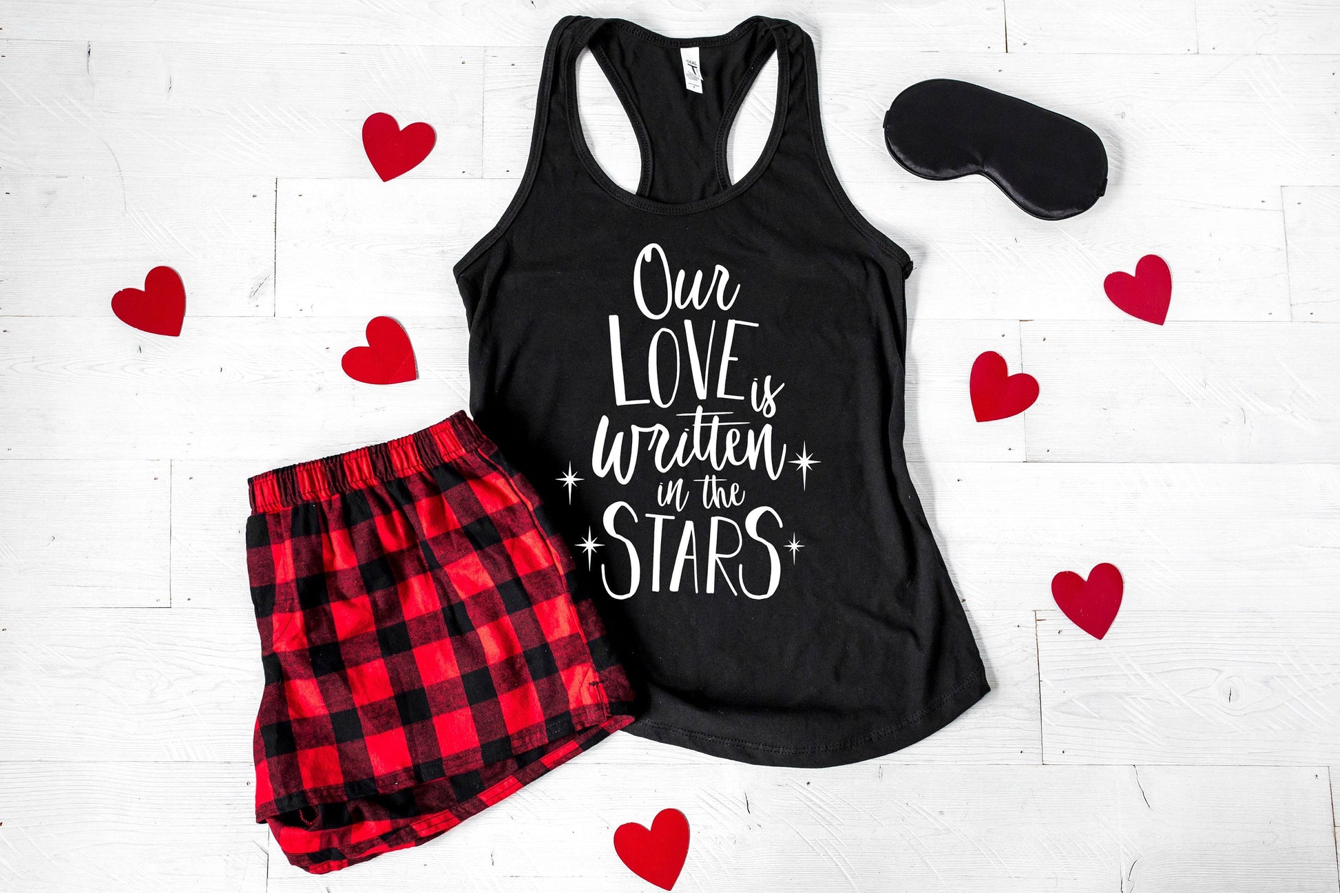 Our Love is Written In the Stars Women's Valentines Pajamas - women's valentines shorts set - buffalo plaid flannel pajamas
