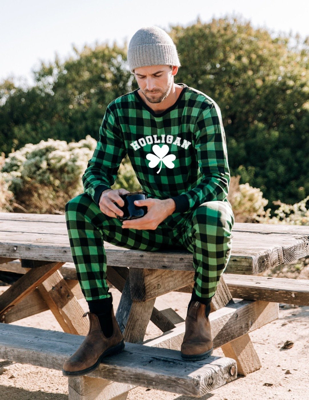 Hooligan Green Plaid Dog Pajamas for St Patrick's Day - Kids, Adults and Dog Sizes, toddler st patty's pjs - men's st patty's pjs
