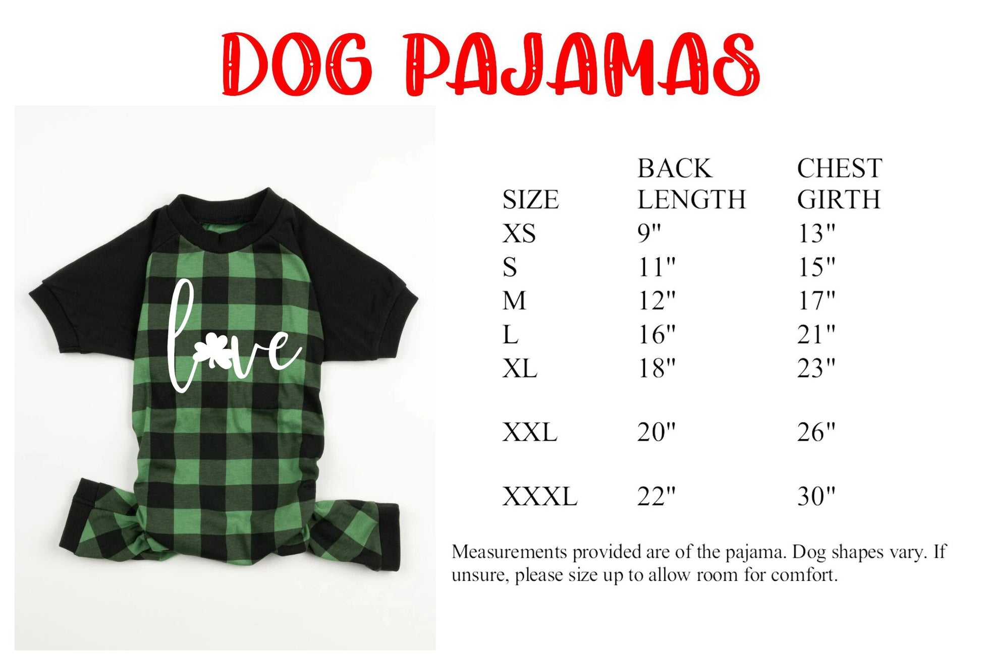 Love Shamrock Green Plaid St Patrick's Day Pajamas - Kids, Adults and Dog Sizes, toddler st patty's pjs - men's st patty's pjs
