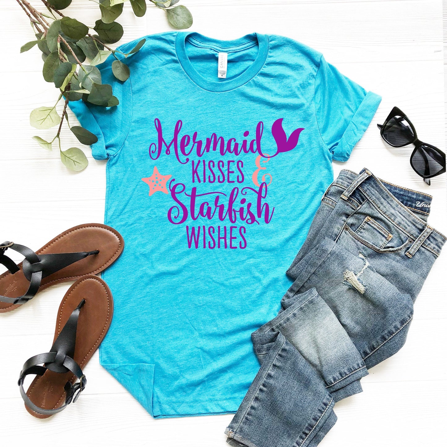 Mermaid Kisses and Starfish Wishes t-shirt - Mermaid Birthday Party Shirt - Mermaid Mom Shirt - Women's Mermaid Shirt - Mermaid Gift