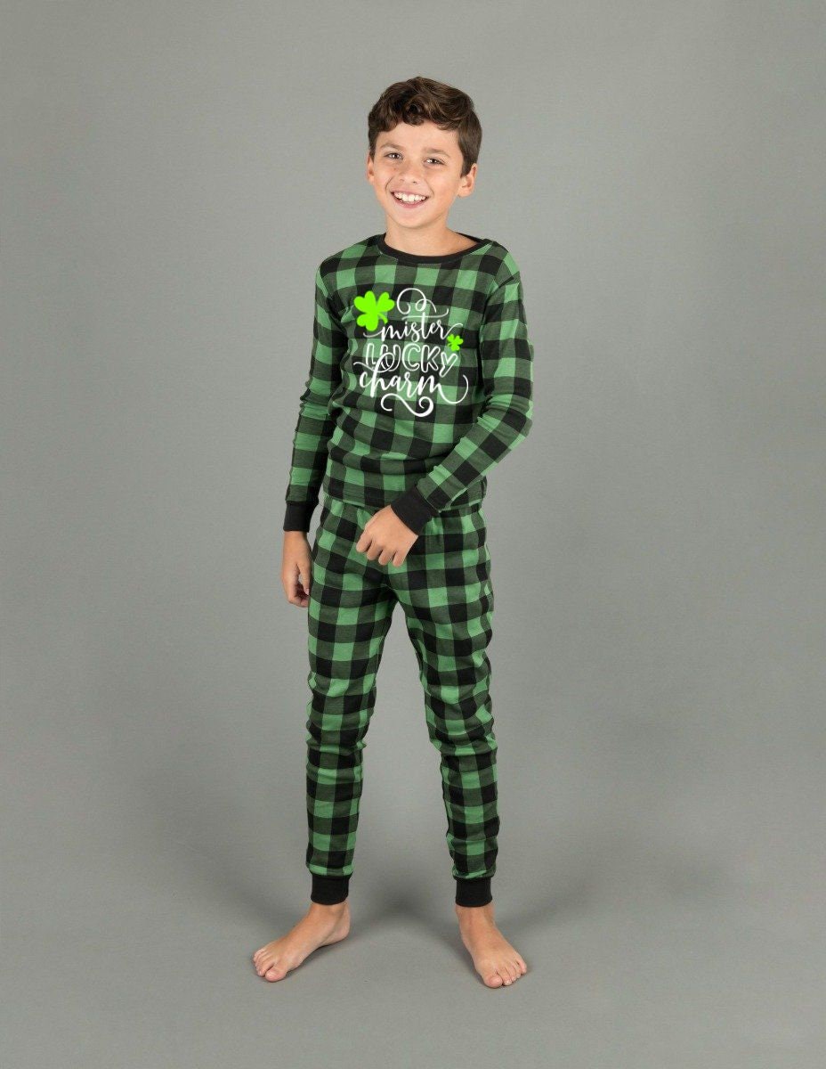 Miss or Mister Lucky Charm Green Plaid St Patrick's Day Pajamas - Kids, Adults and Dog Sizes, toddler st patty's pjs - men's st patty's pjs