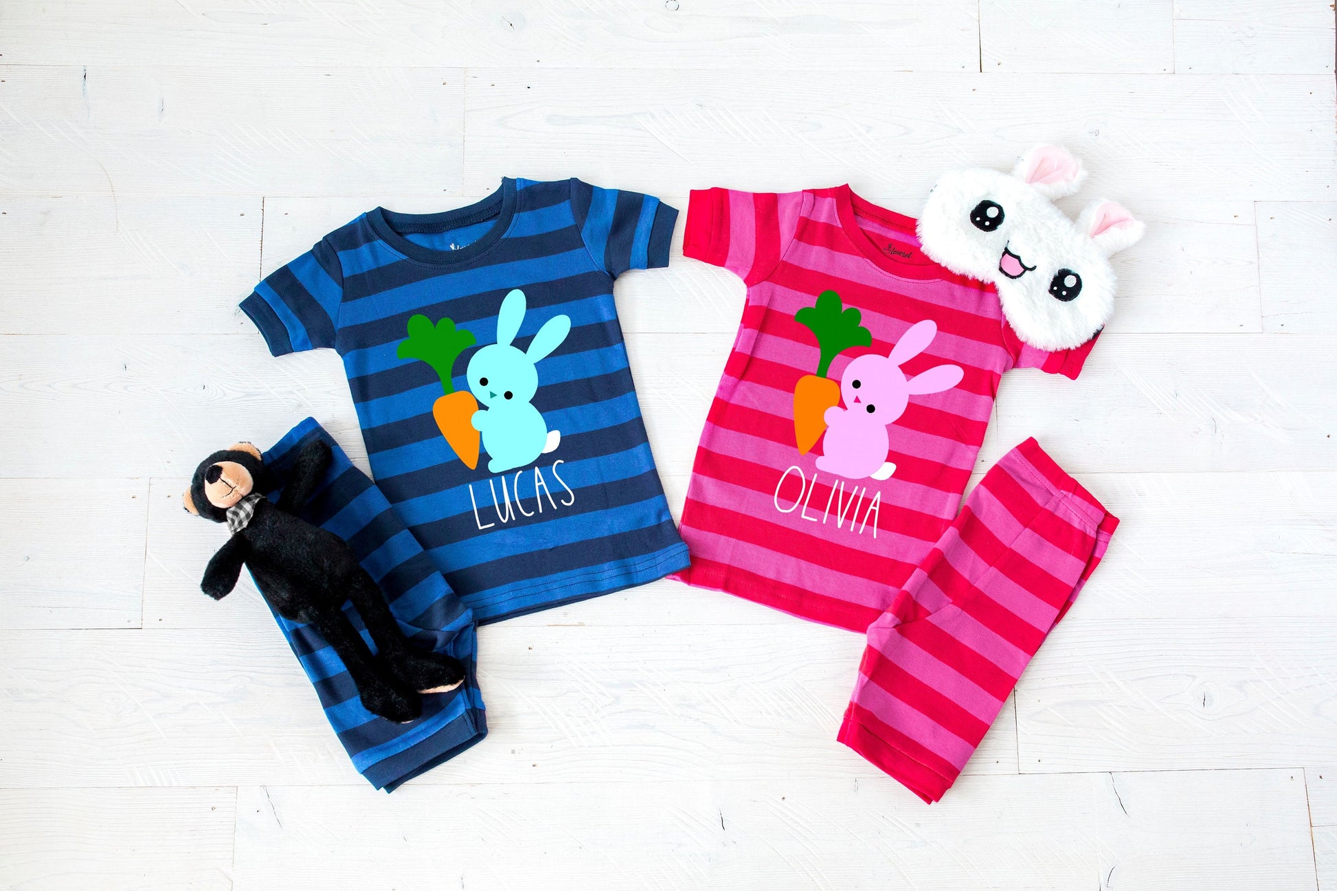 Personalized Bunny with Carrot Striped Shorts Easter Pajamas-toddler easter pjs - boys easter pjs - girls easter pajamas - shorts pajama set