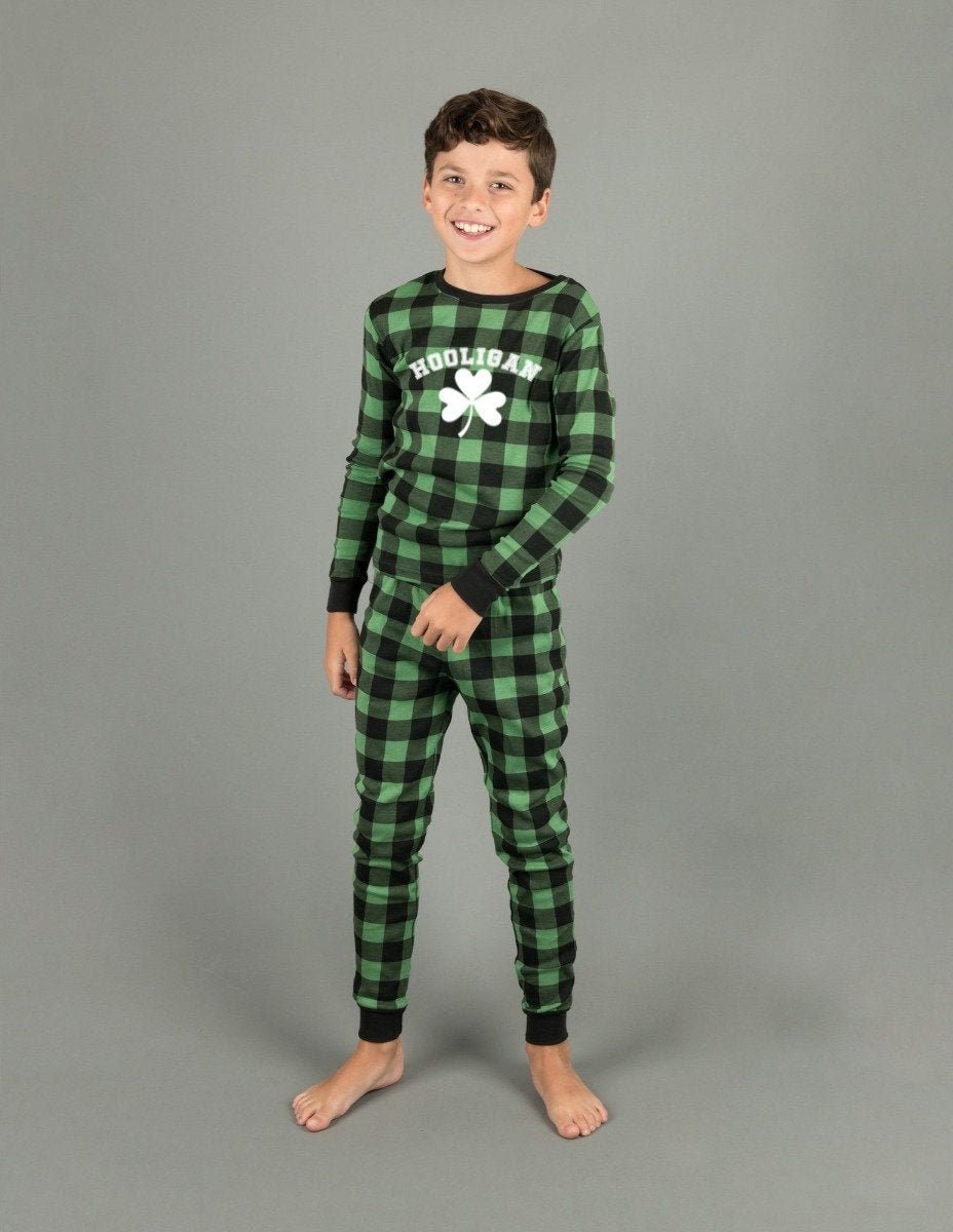 Hooligan Green Plaid Dog Pajamas for St Patrick's Day - Kids, Adults and Dog Sizes, toddler st patty's pjs - men's st patty's pjs