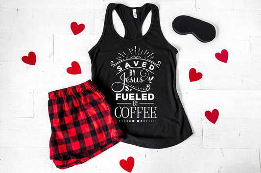 Saved By Jesus Fueled By Coffee Womens Pajamas - women's valentines shorts set - buffalo plaid flannel pajamas - gift for wife