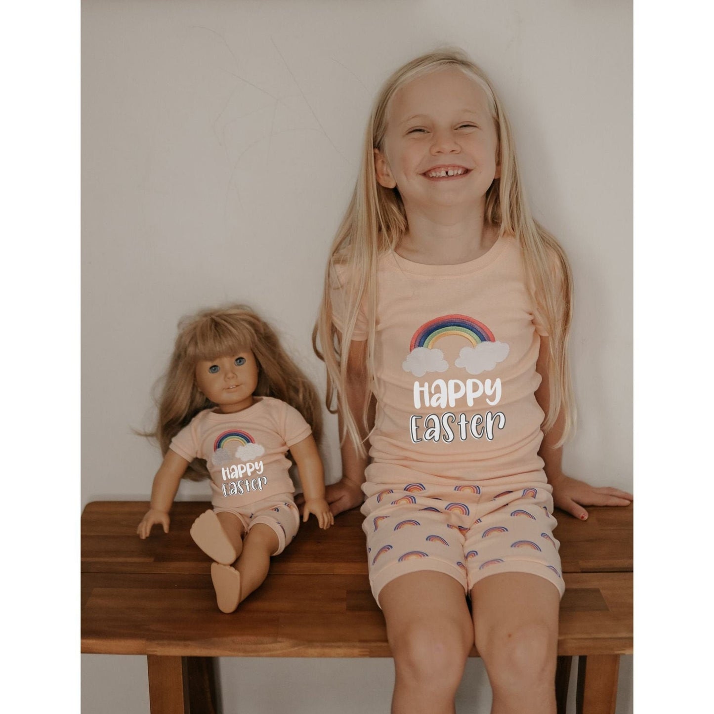 Happy Easter Girl and Doll Shorts Pajamas - Girls Rainbow Pajamas - Matching Doll Easter Pajamas - Easter Morning Pajamas