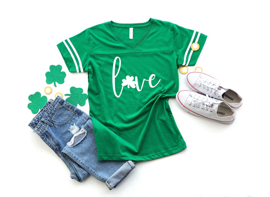 Love Shamrock Football Style Women's t-shirt - St Patrick's Day Shirt - Green St Patty's Shirt - Women's St Paddy's Shirt