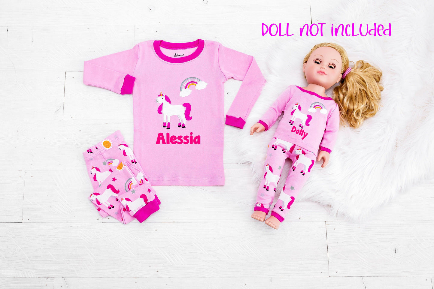 Personalized Unicorn Girl and Doll Matching Pajamas - Girls Unicorn Pajamas - Matching Doll Pajamas - Sleepover Pajamas