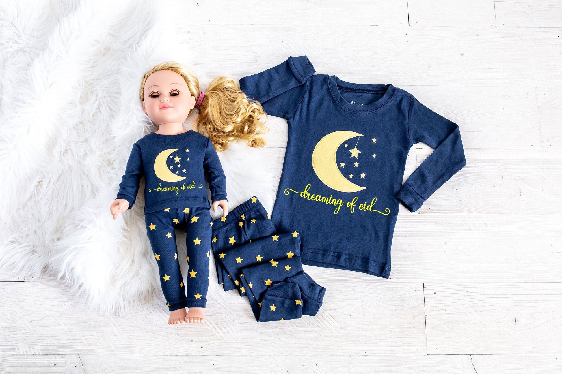 Dreaming of Eid Child and Doll Matching Pajamas -  Kids Eid Pajamas - Eid Mubarak - Eid Gifts - Eid Gifts for Kids - Eid Pajamas for Kids
