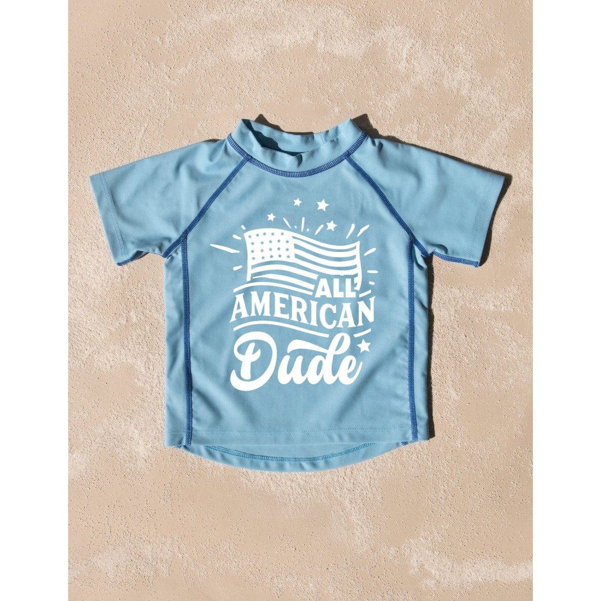 All American Dude Toddler Rashguard Swimwear UV Protection +50 - Kids 4th of July Swimsuit - Toddler Boy Rash Guard - Gift for Grandson